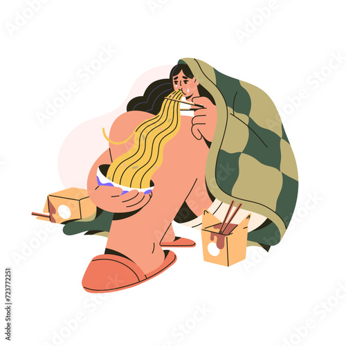 Binge eating concept. Sad girl with overeating problems eats stress, cries. Depressed woman with noodles, unhealthy food. Psychological disorder. Flat isolated vector illustration on white background