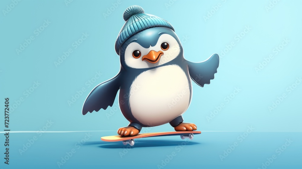 Obraz premium Cute beautiful baby penguin in winter hat and scarf, riding snowboard, looking at camera.