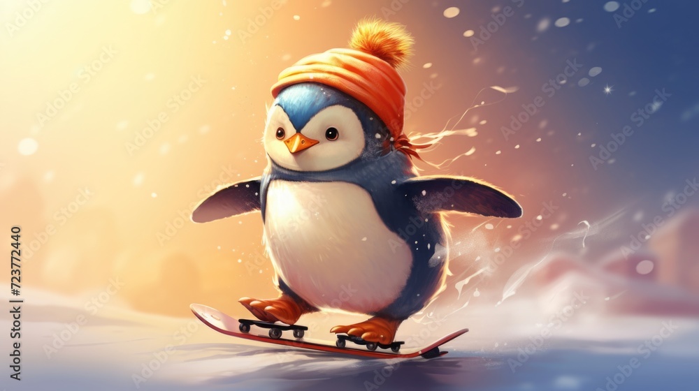 Cute beautiful baby penguin in winter hat and scarf, riding snowboard, looking at camera.