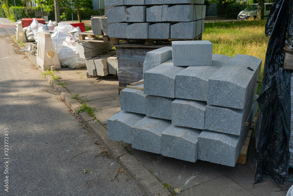 Pallets Paving Slabs on Europe Streets, Paving of the Pedestrian Path, Road Repair, Modern Technologies Pallets Paving Slabs on Europe Streets, Paving of the Pedestrian Path, Road Repair, Modern Technologies