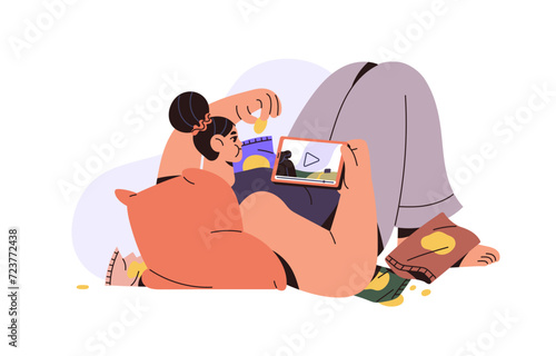 Binge eating concept. Girl eats lots of crisps during watch movie. Problems of unhealthy food. Overeating at home leisure. Psychological disorder. Flat isolated vector illustration on white background