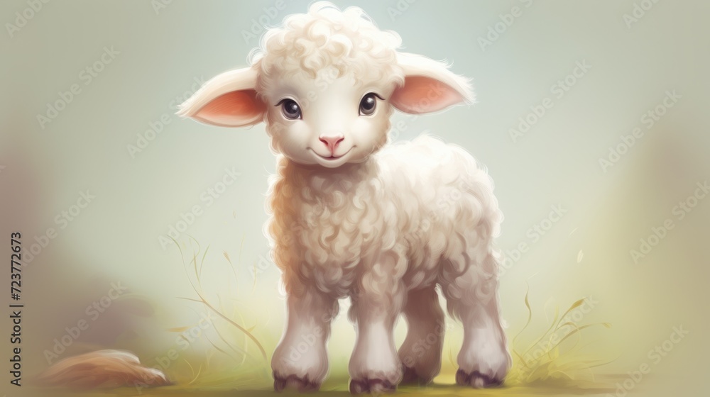 Fototapeta premium cute little sheep on a green meadow among the mountains looking at the camera