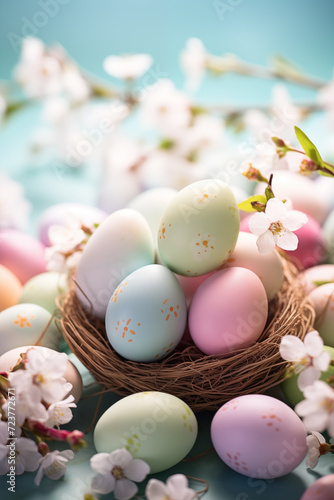 Colorful Easter eggs with flowers. Happy Easter Card