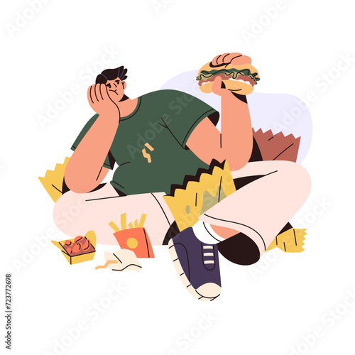 Binge eating concept. Sad guy eats lots of fast food, hamburger. Fat man holds burger. Problems with unhealthy nutrition. Psychological disorder. Flat isolated vector illustration on white background
