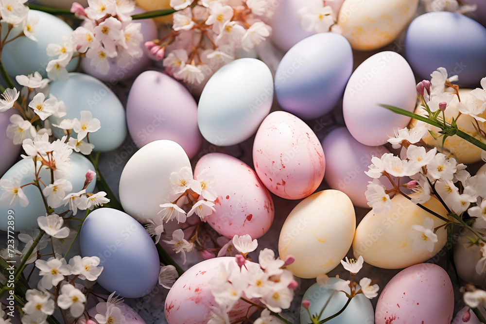 Colorful Easter eggs with flowers. Happy Easter Card