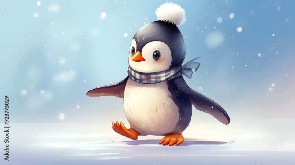 cute beautiful baby penguin in winter hat and scarf walking in the snow cute beautiful baby penguin in winter hat and scarf walking in the snow