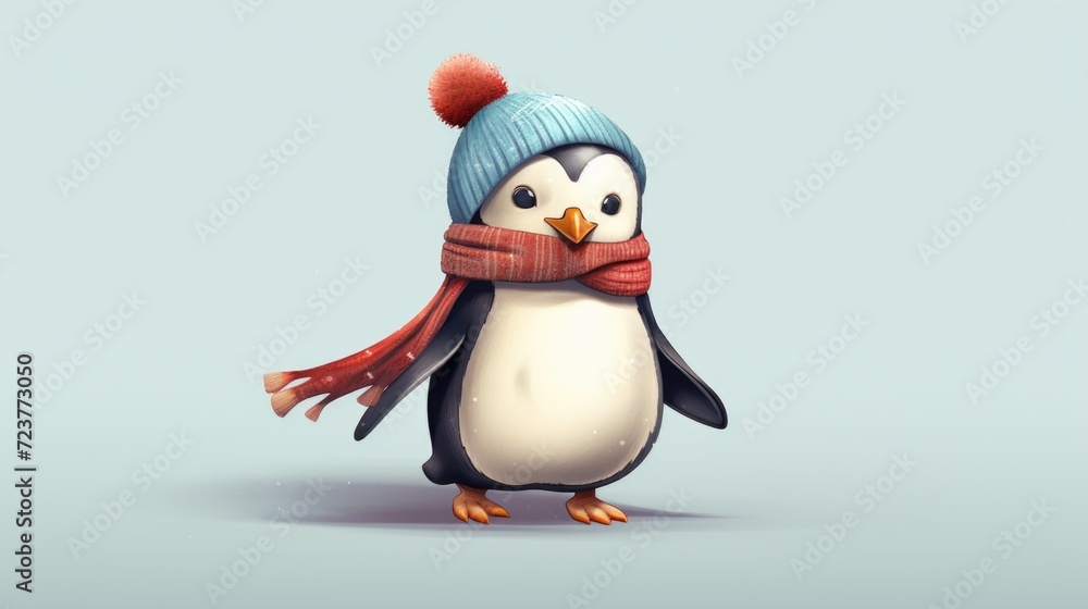 Fototapeta premium cute beautiful baby penguin in winter hat and scarf walking in the snow