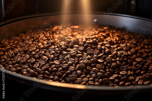 Freshly roasted coffee beans in large cooling tray of roasting machine