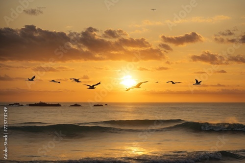  A golden sunrise that could also be a sunset over the ocean with pelicans flying