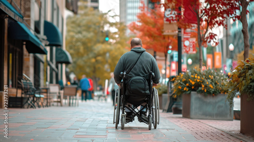 Handicapped or old adult man navigates a sidewalk in an electronic wheelchair, city lights in the backdrop Quality of life and impairment concept. © petrrgoskov