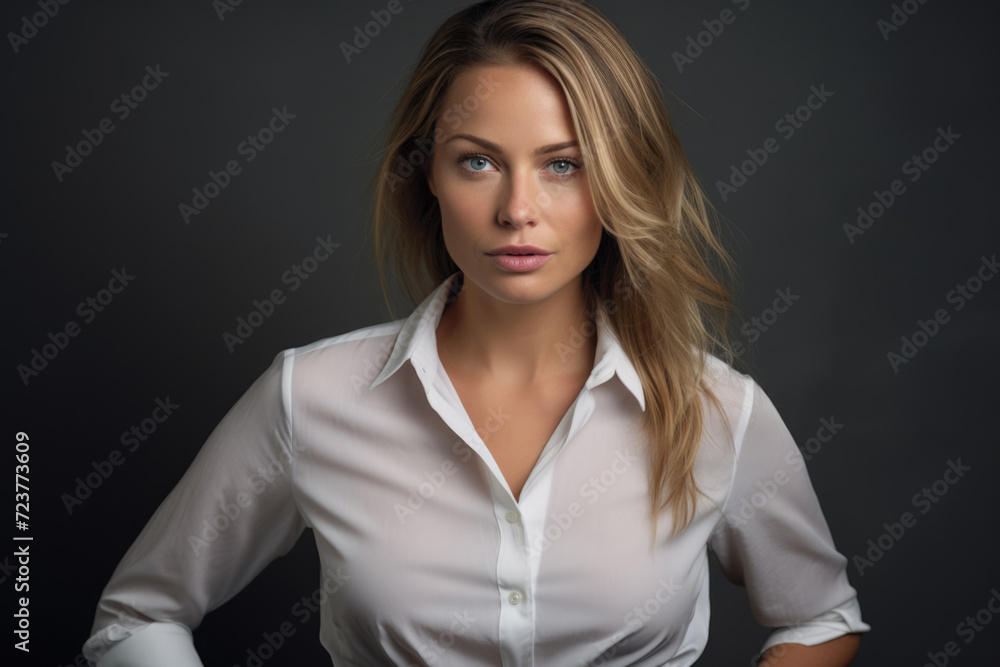 Photo of a beautiful woman with wavy hair, wearing a simple blouse, eye contact, dark background Photo of a beautiful woman with wavy hair, wearing a simple blouse, eye contact, dark background
