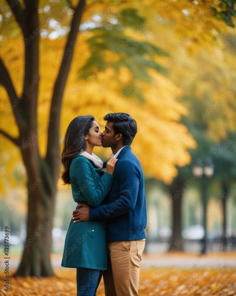 Fototapeta premium Two young people, a girl and a man kissing in an autumn park against the background of yellow trees