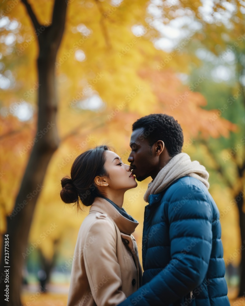 A man and woman are about to kiss in a park with yellow trees. A man and woman are about to kiss in a park with yellow trees.
