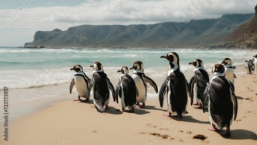  African penguins walk out of the ocean to the sandy beach