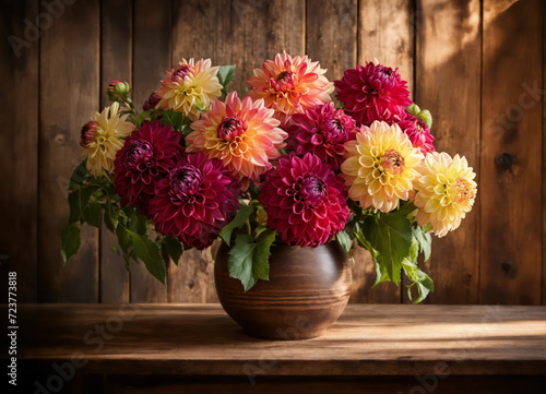 Dahlias in a vase on a wooden table © Vastram