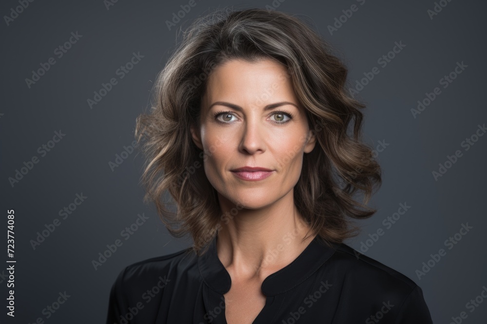 Photo of a business 50 year old woman, wearing a simple blouse, eye contact, dark background Photo of a business 50 year old woman, wearing a simple blouse, eye contact, dark background