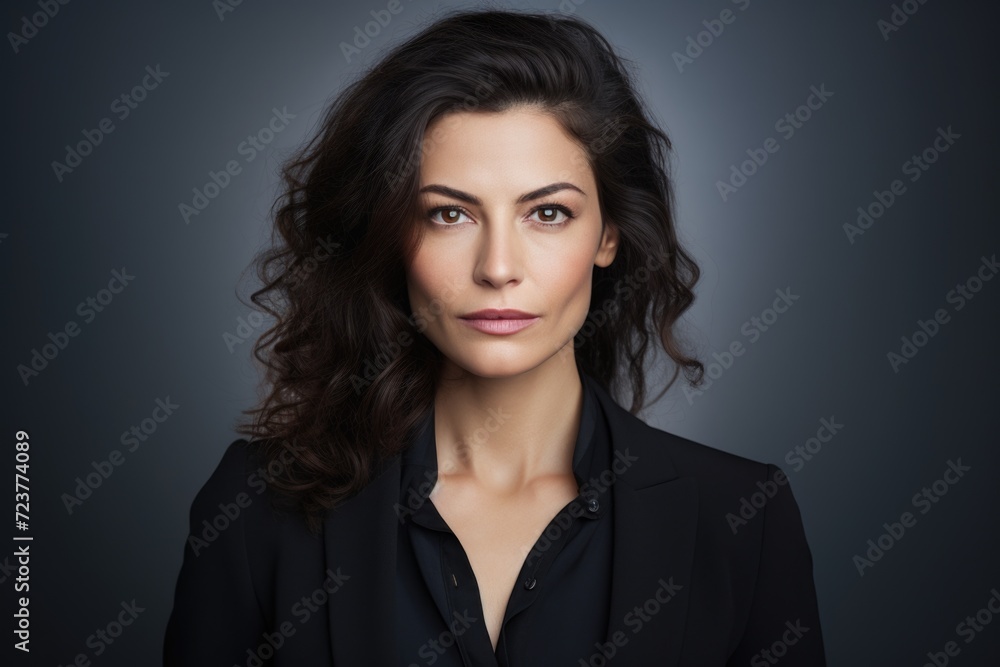 Photo of a beautiful woman with wavy hair, wearing a simple blouse, eye contact, dark background Photo of a beautiful woman with wavy hair, wearing a simple blouse, eye contact, dark background