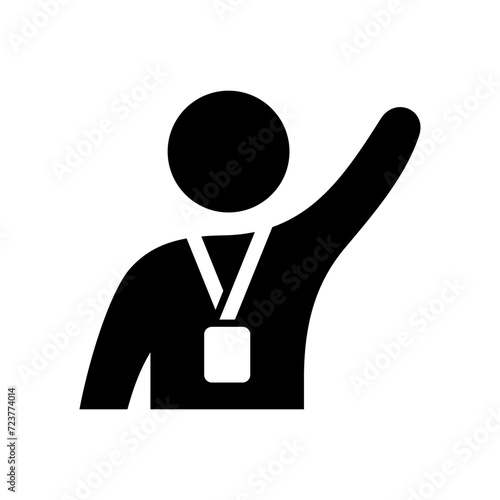 Journalist icon. Business seminar. Conference. Hand up. Question. Vector icon isolated on white background.