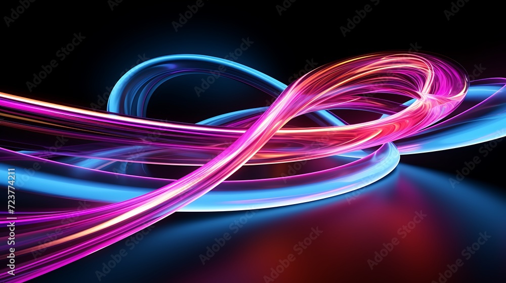 Abstract Futuristic Data Transfer Concept with Vibrant Pink, Blue, and Gold Lines on Dark Ice Arena Background. High-Speed 3D Neon Light Wallpaper for Digital Ultraviolet Experience.