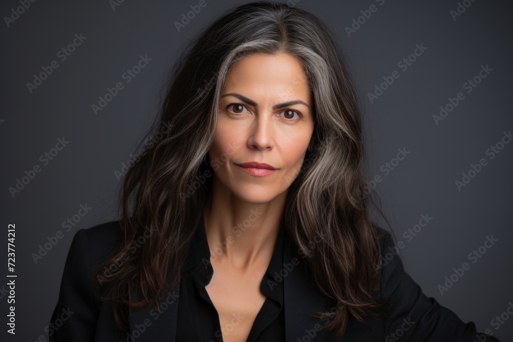 Photo of a business 50 year old woman, wearing a simple blouse, eye contact, dark background Photo of a business 50 year old woman, wearing a simple blouse, eye contact, dark background