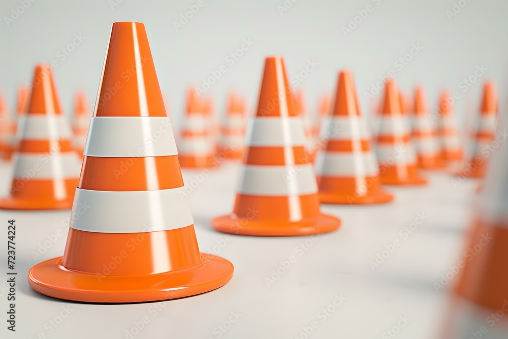 Array of safety cones on a smooth surface. orange and white, symbolizing caution. clean, minimalistic image for various uses. AI Array of safety cones on a smooth surface. orange and white, symbolizing caution. clean, minimalistic image for various uses. AI