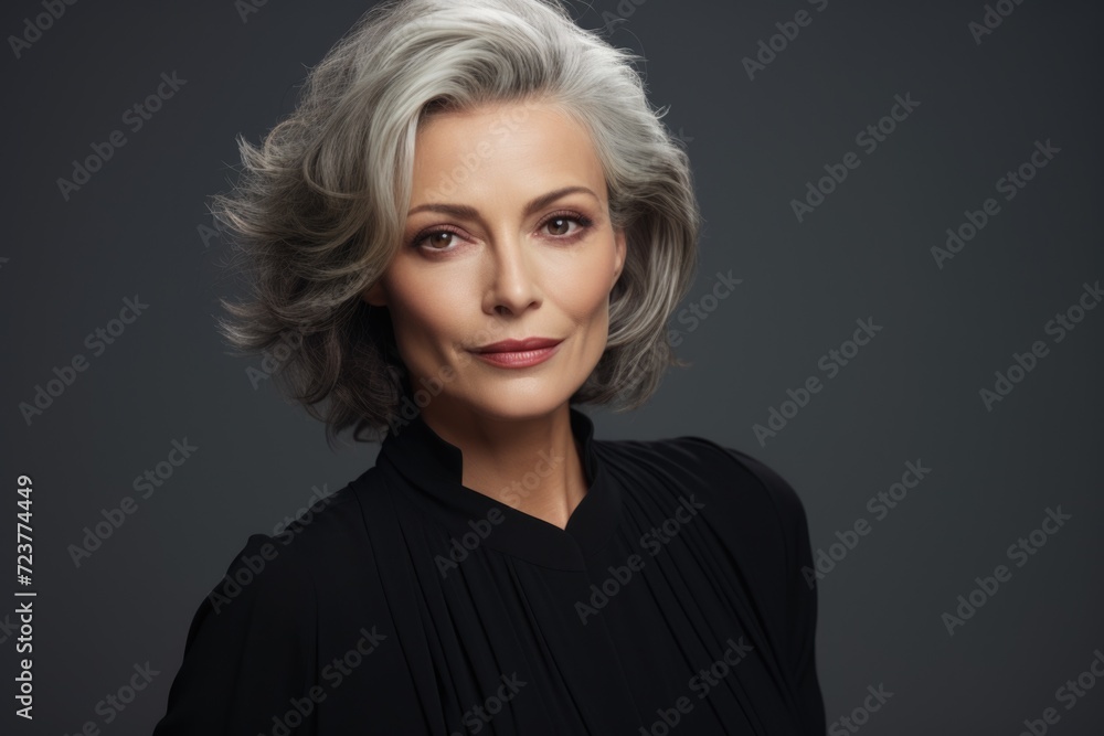 Photo of a business 50 year old woman, wearing a simple blouse, eye contact, dark background Photo of a business 50 year old woman, wearing a simple blouse, eye contact, dark background