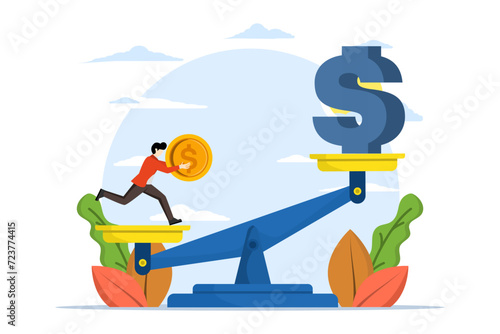 Leverage Investment Concept, investors borrow money, business investors borrow coins from others to use seesaw to get big dollar signs, borrow shares to increase potential returns concept.