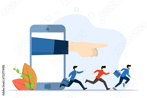 Thought leadership concept, hand pointing from mobile with people following the path, key influencer or opinion leader, KOL, social marketing to lead advertising campaign or influencer concept.