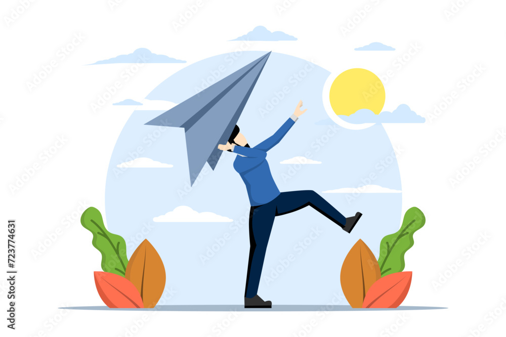 Concept of Starting a new business, ambitious businessman running a big paper airplane startup or entrepreneurship, creativity and inspiration to achieve business success concept. vector illustration. Concept of Starting a new business, ambitious businessman running a big paper airplane startup or entrepreneurship, creativity and inspiration to achieve business success concept. vector illustration.