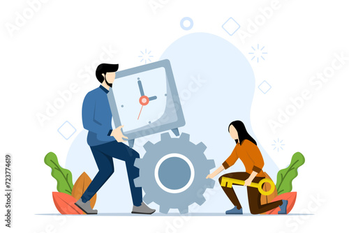 Efficiency or productivity concept, improving performance with effective processes, employers combine timers and gears for best efficiency, managing resources and time to optimize the best work result