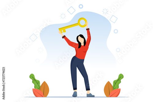 Key success concept for business, leadership and solutions, happy successful businesswoman holding golden key like cheerful businessman with freedom, motivation to achieve goals or improvement