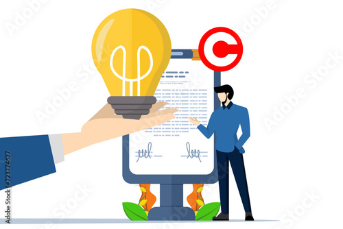 Man with light bulb and legal certificate for intellectual property concept. Intellectual Property Protection Litigation. Patent Law Against Copyright. Cartoon Flat Vector Illustration.