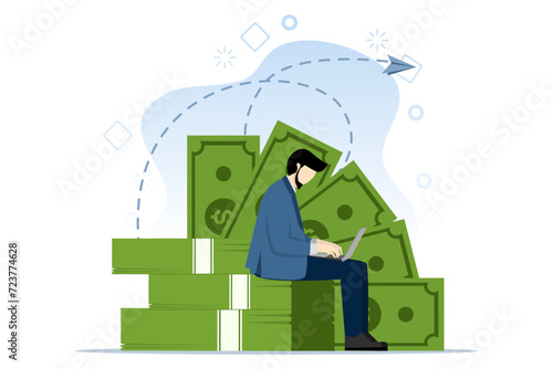 Online Business concept making money, businessman working with computer laptop sitting on stack of dollar bills, various streams of salary or income, side business or side income, return on investment