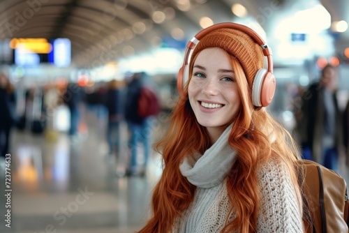 A cheerful redhead teenager, adorned with a wool hat and headphones, exudes vibrant energy in a bustling airport environment