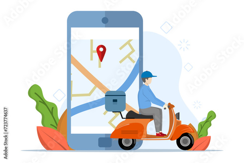 The concept of sending a package to a destination. A man rides a scooter with a box. Package delivery tracking notification on phone metaphor. flat vector illustration on white background.