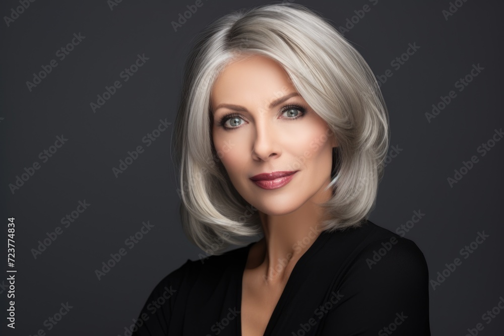 Photo of a business 50 year old woman, wearing a simple blouse, eye contact, dark background Photo of a business 50 year old woman, wearing a simple blouse, eye contact, dark background
