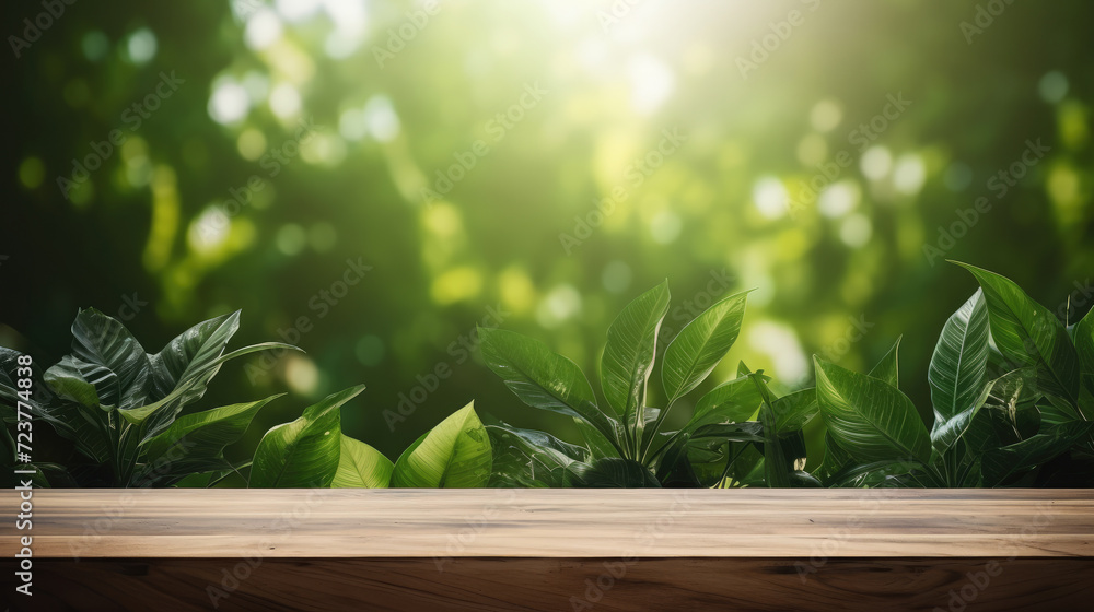 Empty wooden product display stand in front of daylit plants nature background Empty wooden product display stand in front of daylit plants nature background