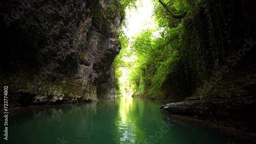 Rafting on a boat, kayak, SUP board Beautiful canyon mountain river, christal blue water, green tree. Travel and active life style. Vacation. Martvili in Georgia near Kutaisi