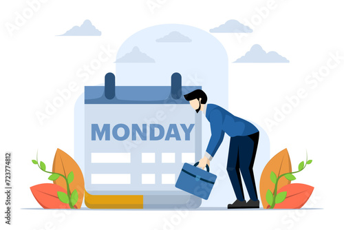 Monday sad, tired and scared with routine office work, businessman tired and sleepy going to work with calendar showing Monday, worker depressed or sad, sleepy and frustrated on Monday morning.