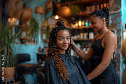 African American mixed race girl is sitting in a bright hair salon, braiding hair. She is sitting in a chair, while the hairstylist stands beside her.