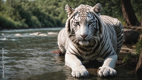 : Beautiful female white tiger on the river