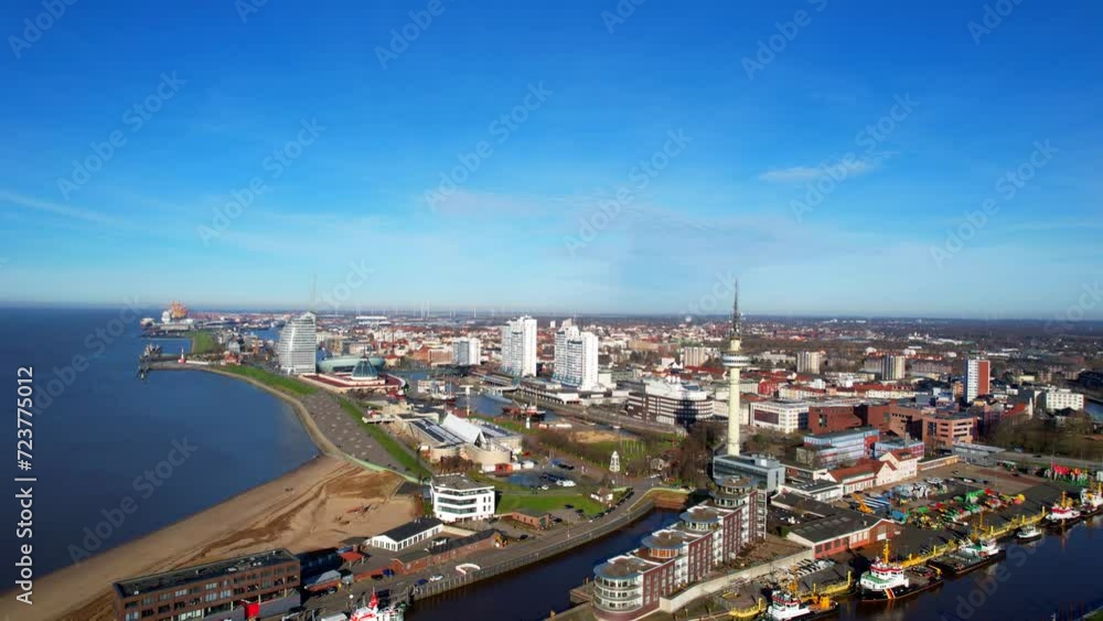 Bremerhaven - Germany - rising air aerial view with a view of the lakeside city skyline Bremerhaven - Germany - rising air aerial view with a view of the lakeside city skyline