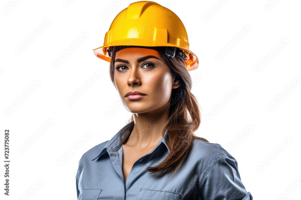 Engineer woman in yellow safety helmet, isolated white background Engineer woman in yellow safety helmet, isolated white background