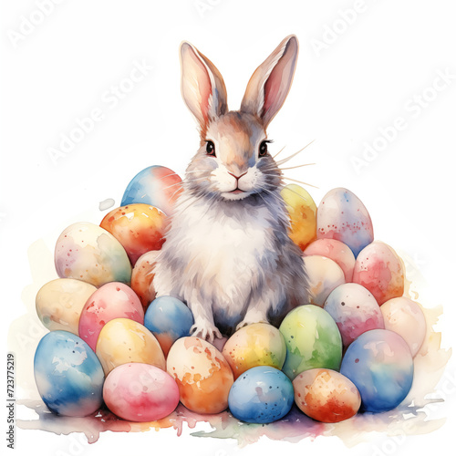 watercolor, bunny sitting with eggs an easter celebration © studiogo