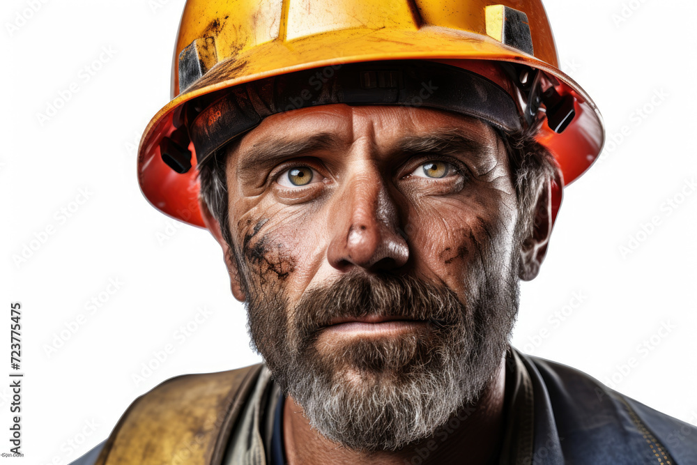 Extreme close up of business man in safety helmet, isolated white background Extreme close up of business man in safety helmet, isolated white background