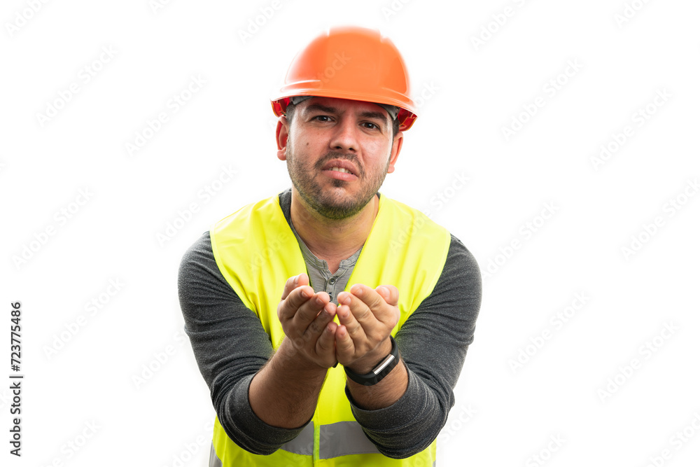 Poor sad builder man begging for money making gesture Poor sad builder man begging for money making gesture