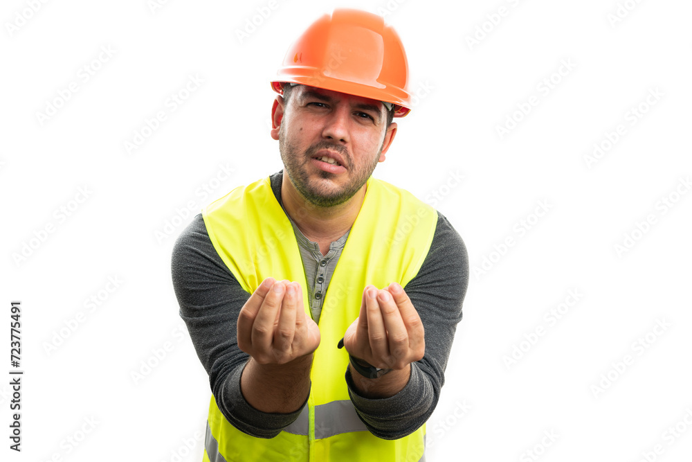 Constructor male making money value gesture as begging concept Constructor male making money value gesture as begging concept