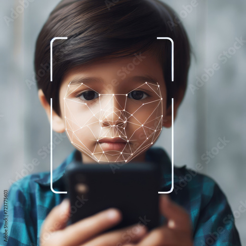 Facial recognition technology and child looking at phone photo