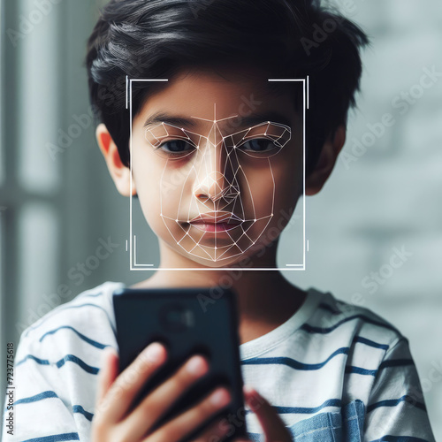 Facial recognition technology and child looking at phone photo