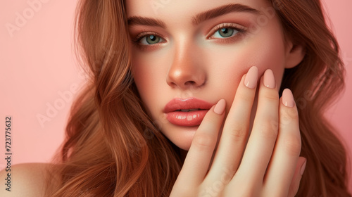Portrait of a beautiful young woman with soft makeup and a delicate pink manicure  exuding natural elegance on a pink backdrop.